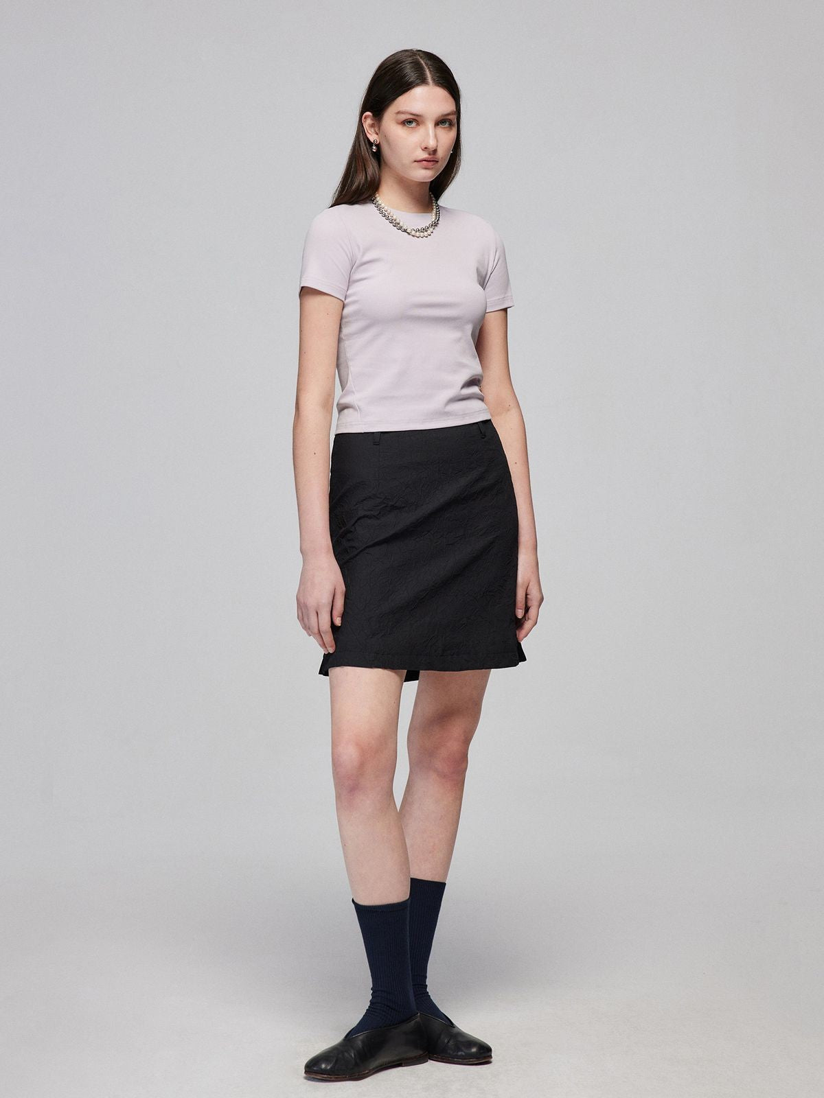 Simple Project Crinkled Texture Micro Flare Mini Skirt in Black - On Model