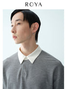 ROYA Contrast Collar Lyocell Wool Polo in Gray - On Model