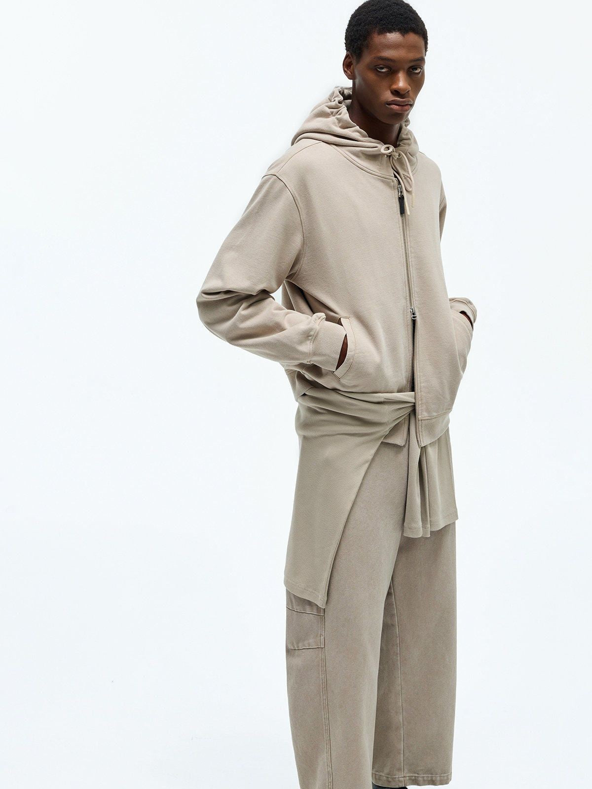 NANS Vintage Wash Terry Zip Up Hoodie in Beige - On Model