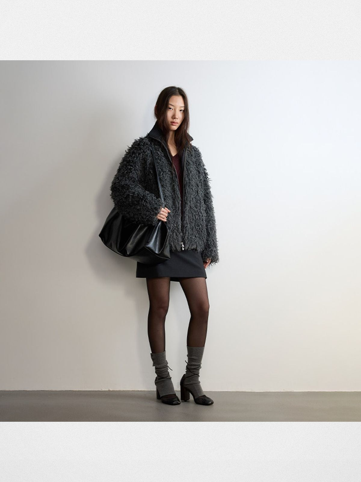 RandomPiece Shaggy Wool Blend Zip Jacket in Gray - On Model