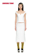 SHUSHUTONG Cutout U Neck Cropped Top in White - On Model