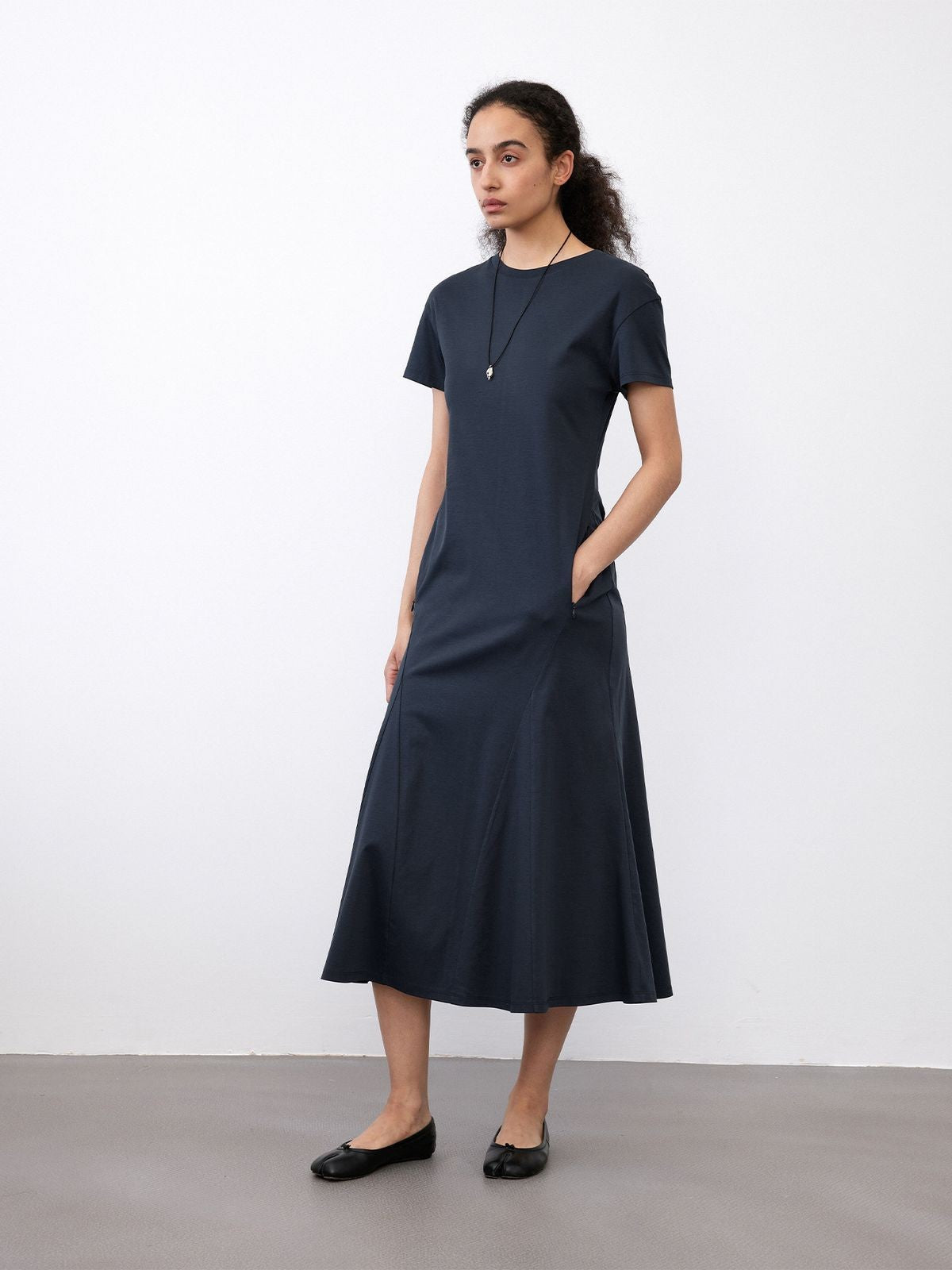 RandomPiece Cotton Modal Fishtail Midi Dress in Blue - On Model