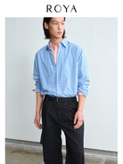 ROYA Long Staple Cotton Poplin Shirt in Sky Blue - On Model