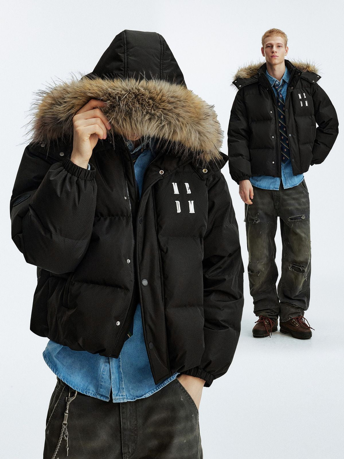 MEDM Detachable Hood Down Puffer in Black - On Male Model