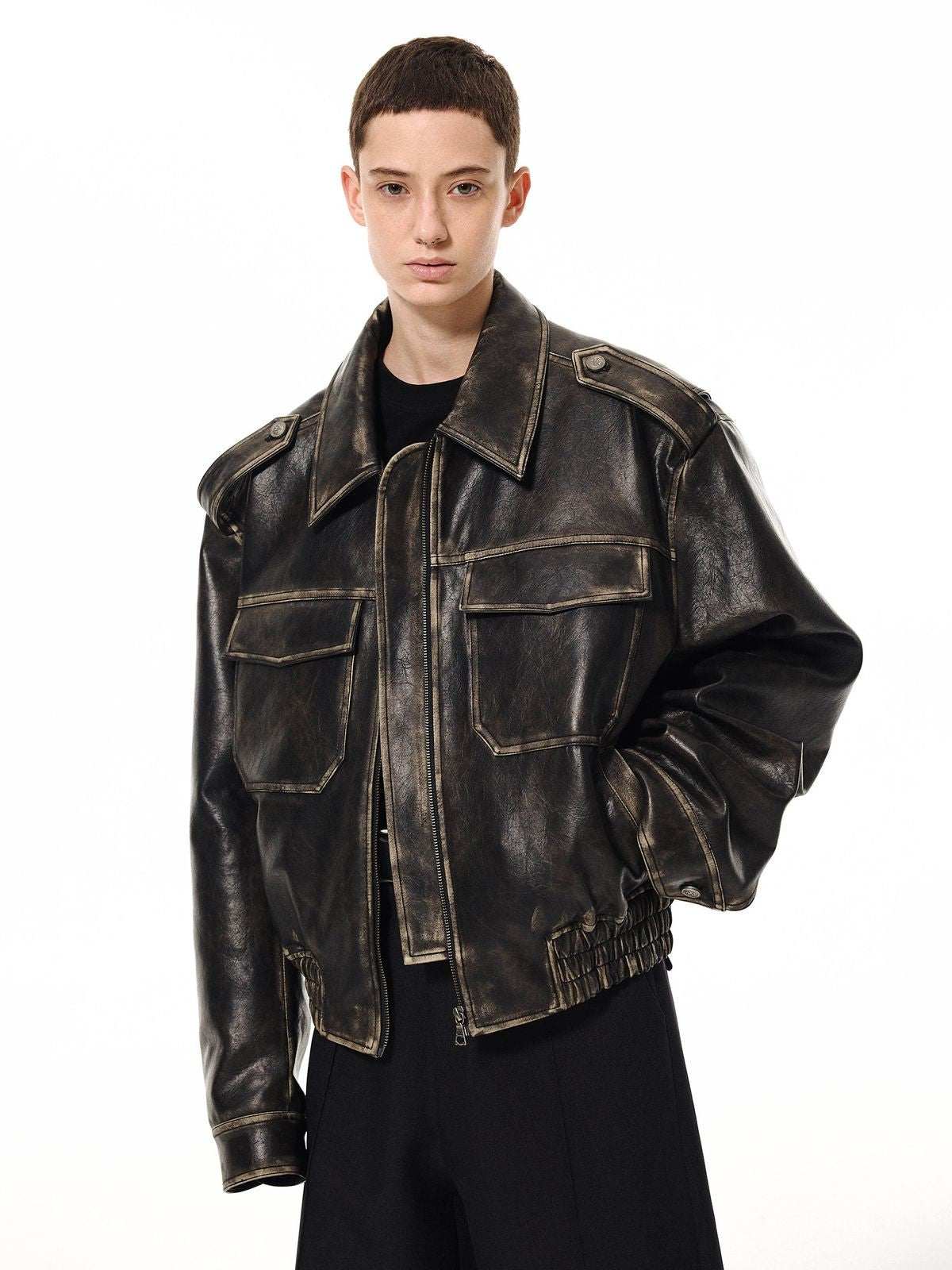 UNKNOWNWORLD Distressed Padded Eco Leather Jacket in Black - On Model