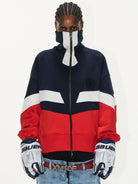 BLINDNOPLAN Color Block Ruched High Neck Sweatshirt in Blue - On Female Model