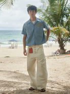 Retro 21 Chenille Embroidered Camp Collar Shirt in Blue - On Model