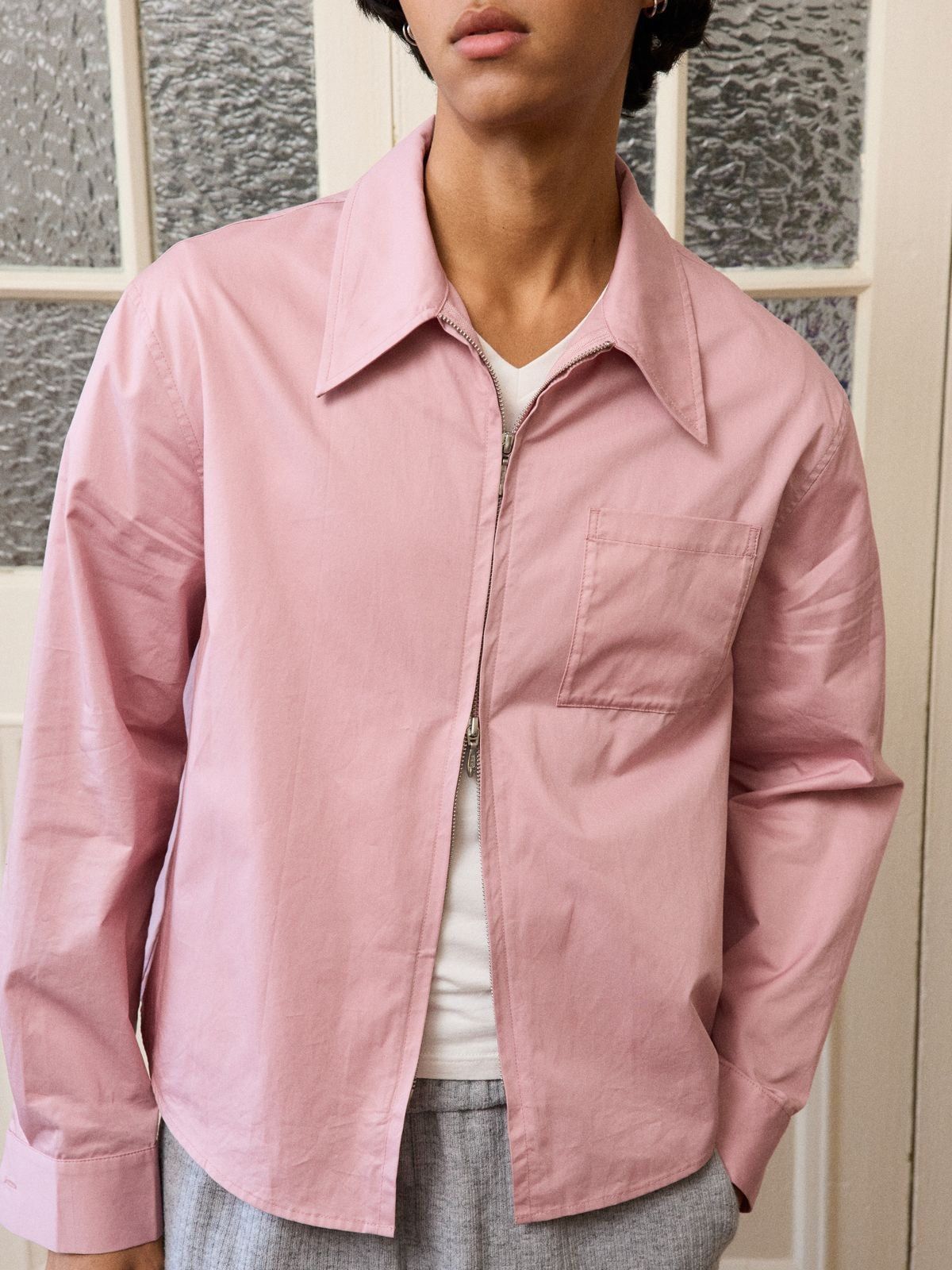 Retro 21 Pink Beige Double Zip Cotton Shirt in Off-White - On Model