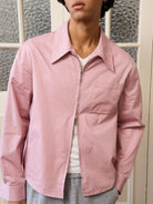 Retro 21 Pink Beige Double Zip Cotton Shirt in Off-White - On Model