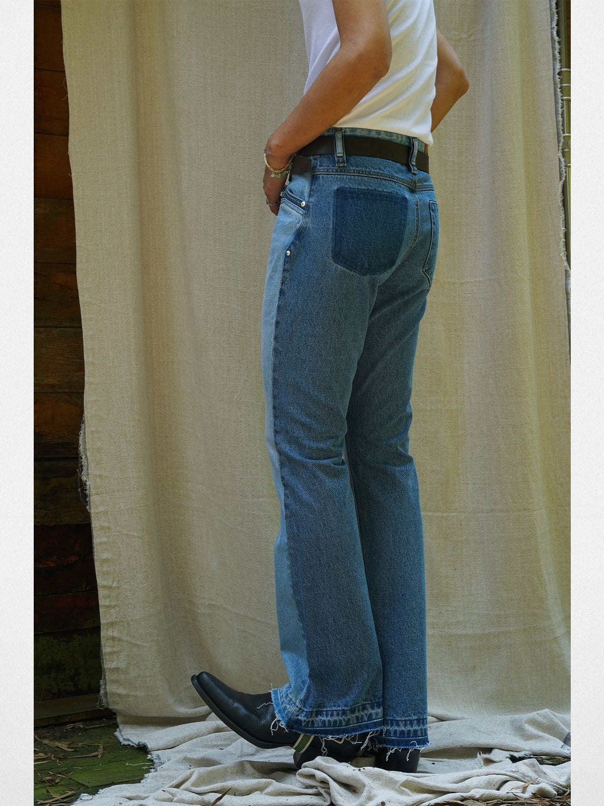 Retro 21 Spliced Contrast Flared Jeans in Denim - On Female Model