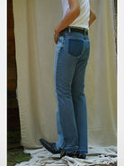 Retro 21 Spliced Contrast Flared Jeans in Denim - On Female Model