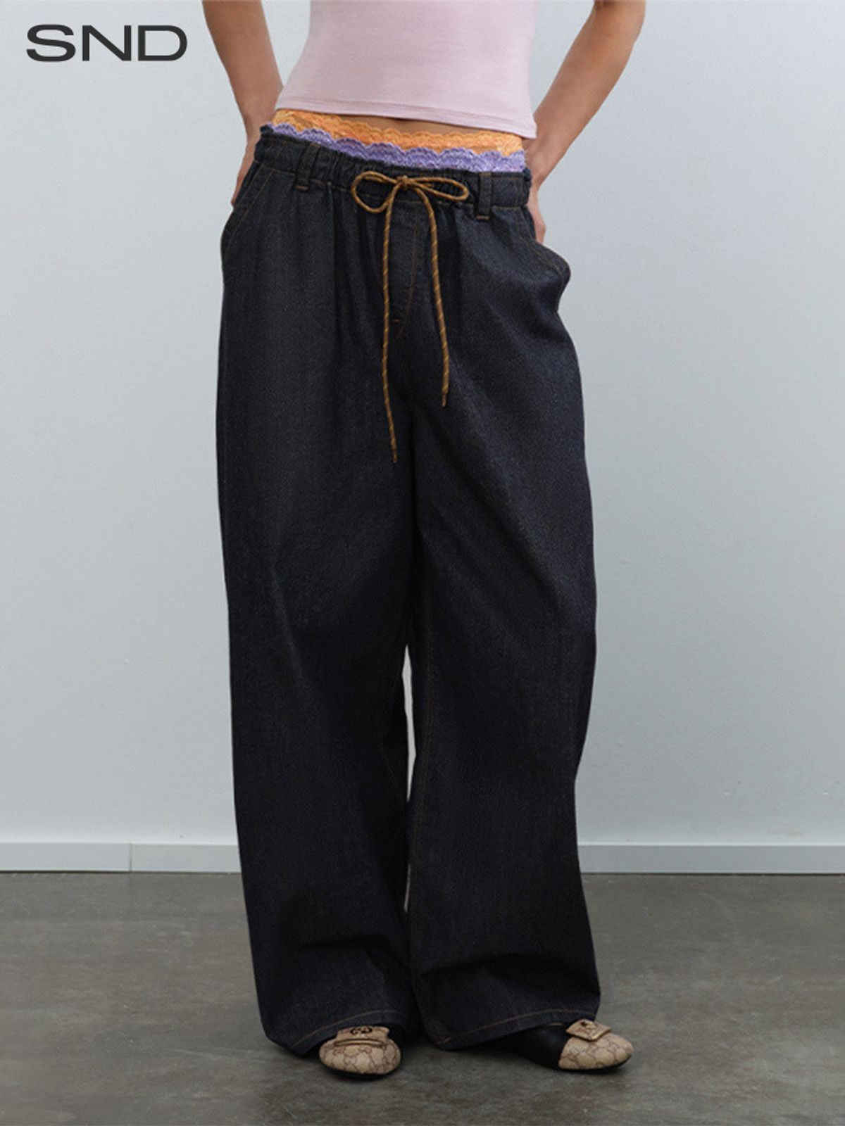 RARELY ALIKE Drawstring Wide Leg Raw Denim Jeans in Blue - On Model