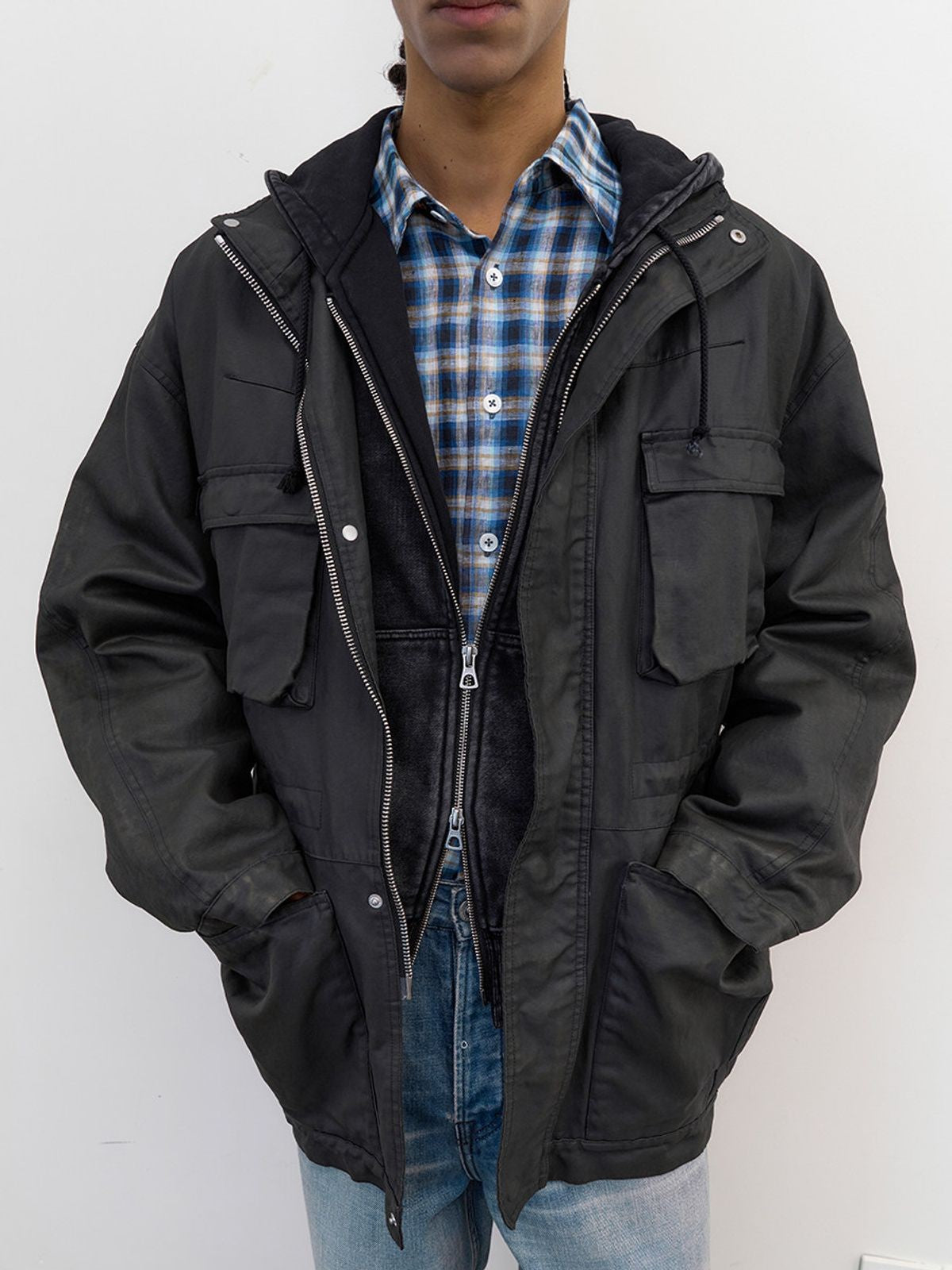 NeverSeez Distressed Waxed Stand Collar Jacket in Black - On Male Model