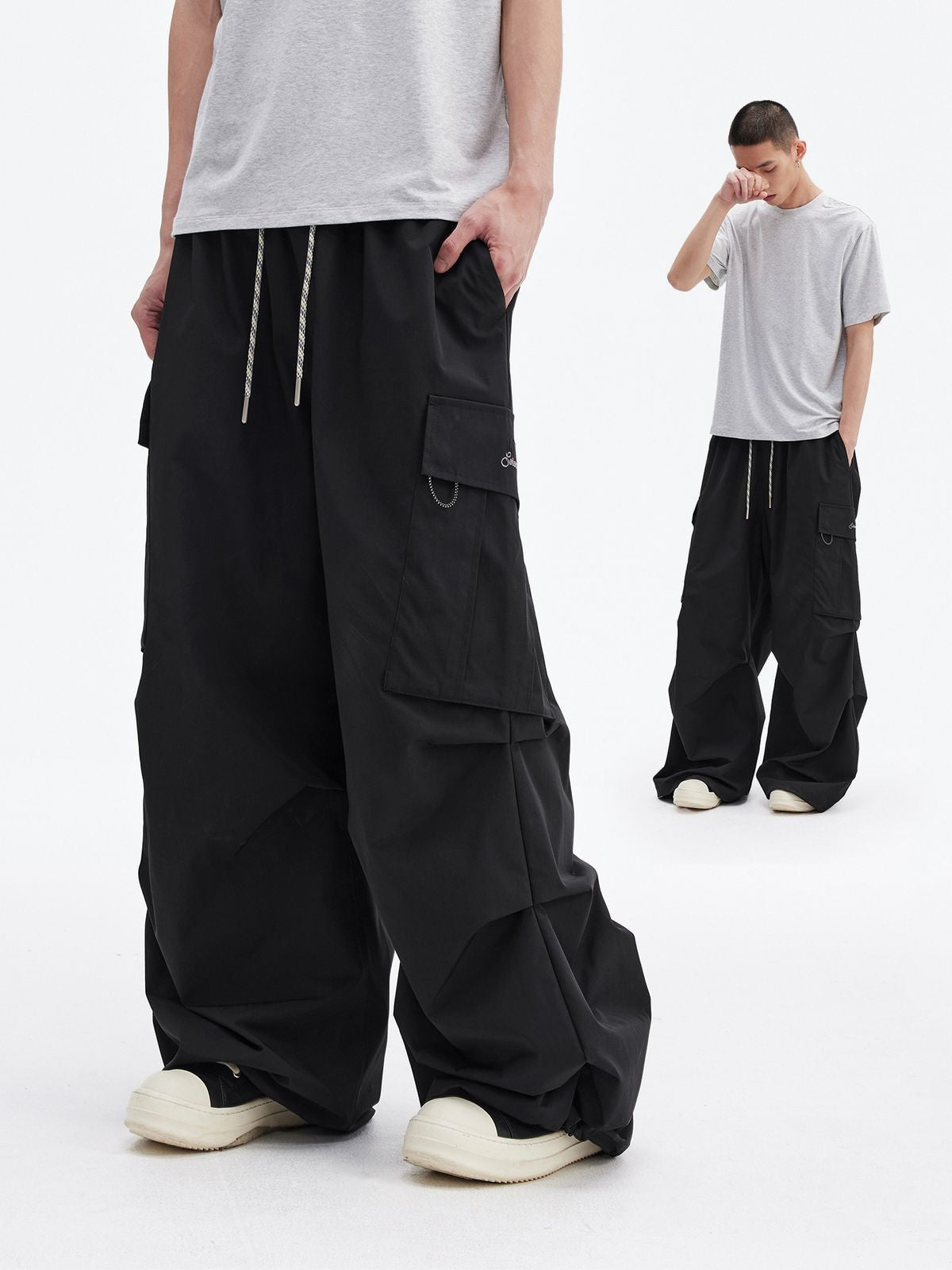 MEDM Multi Pocket Parachute Cargo Pants in Black - On Model