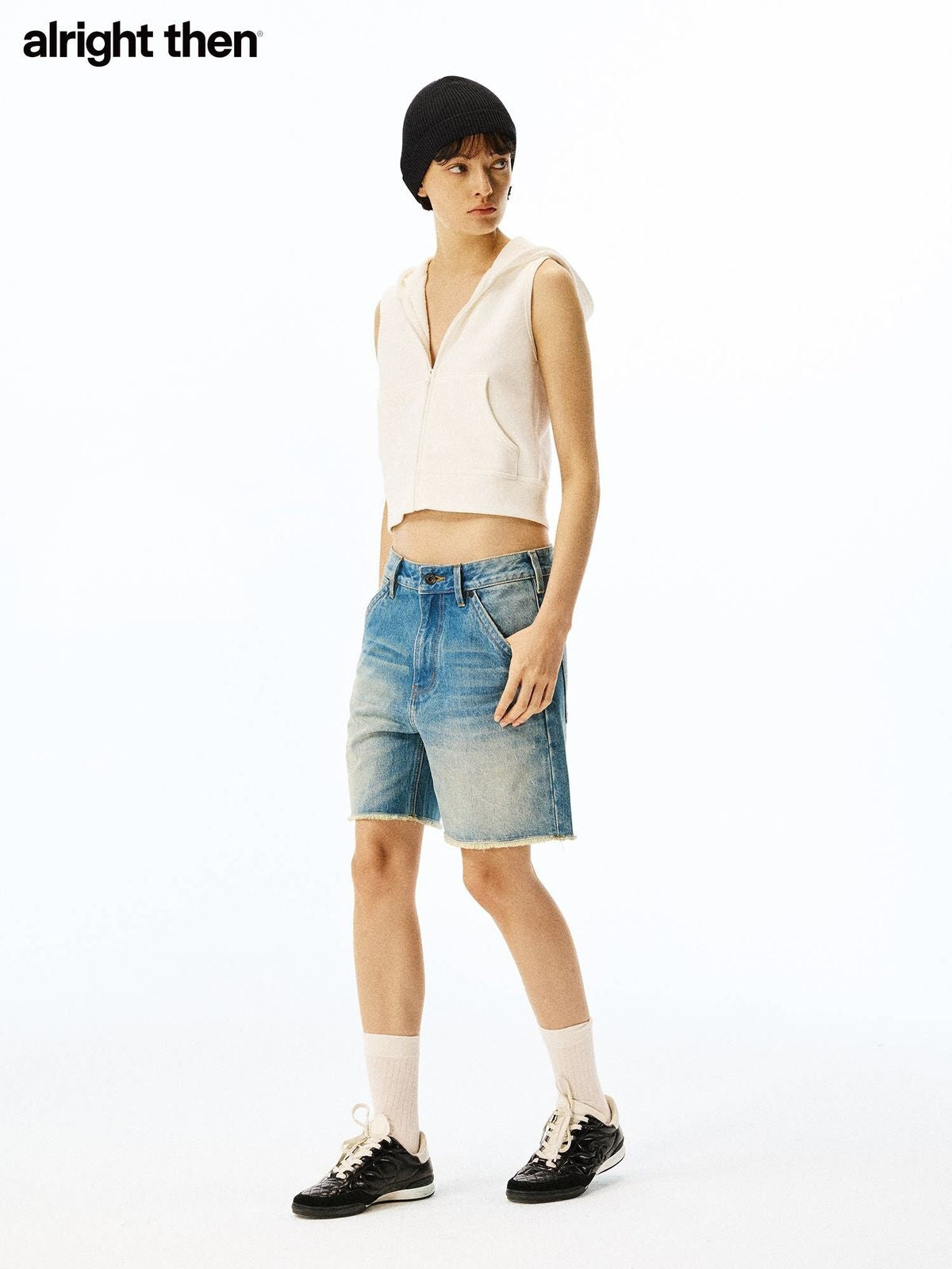 Alright Then Zip Up Hooded Sweatshirt Vest in White - On Model