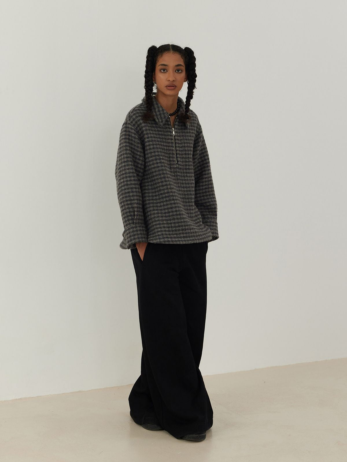 alright then Houndstooth Wool Blend Half Zip Jacket in Gray - On Model