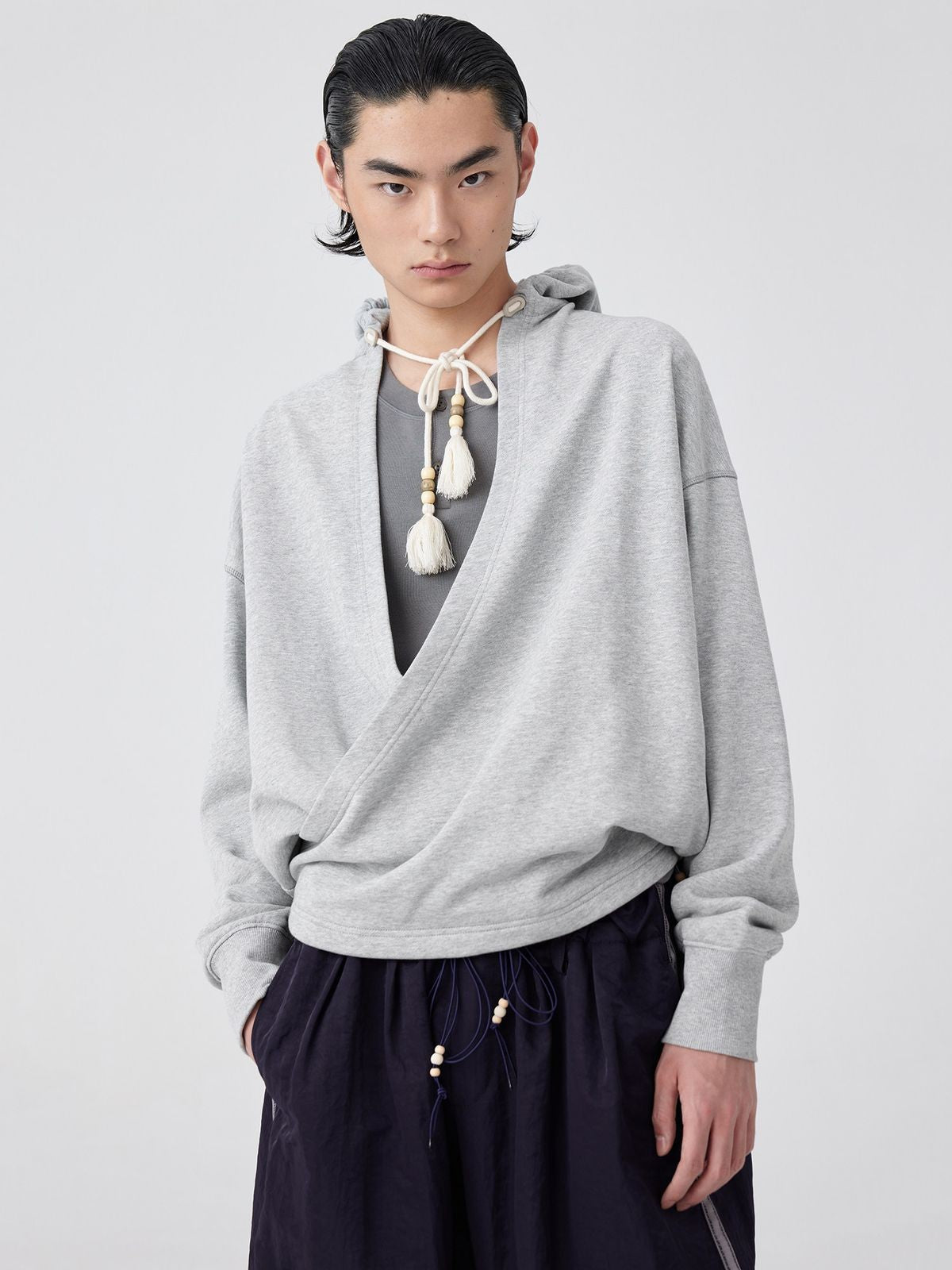 Simple Project Wrap Front Cotton Hoodie in Gray - On Model