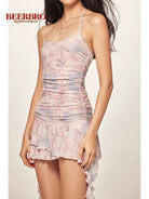 BeerBro Beaded Shell Print Mesh Dress in Pink - On Model