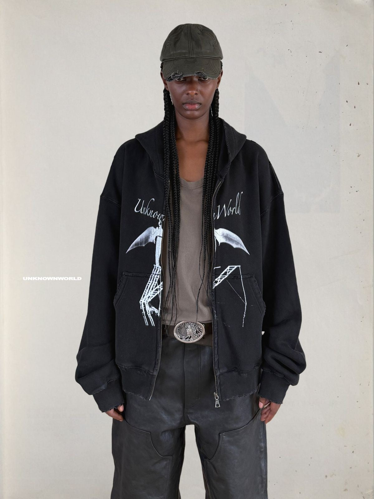 UNKNOWNWORLD Distressed Bat Print Zip Up Hoodie in Black - On Model