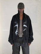UNKNOWNWORLD Distressed Bat Print Zip Up Hoodie in Black - On Model