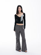 THELIGHT OFFICIAL Rhinestone Embroidery Micro Flare Pants in Gray - On Model