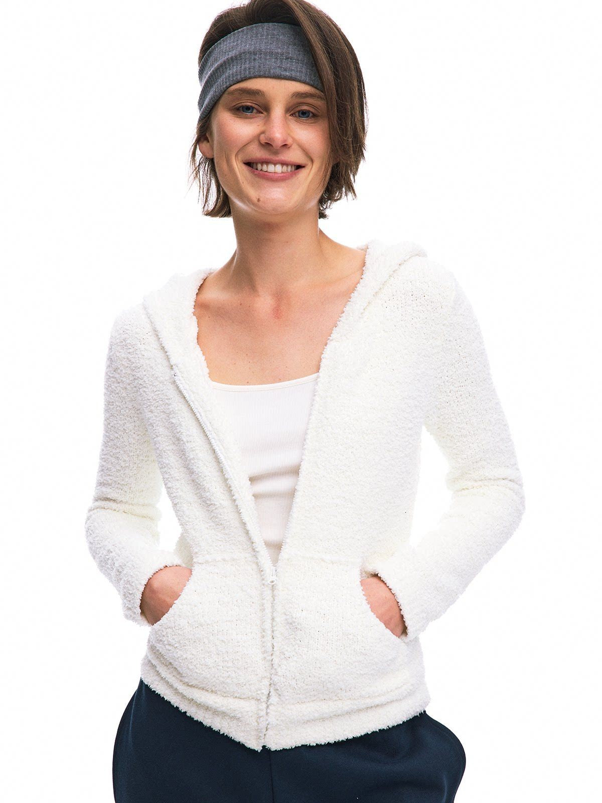 alright then Plush Knit Zip Up Hoodie in White - On Model