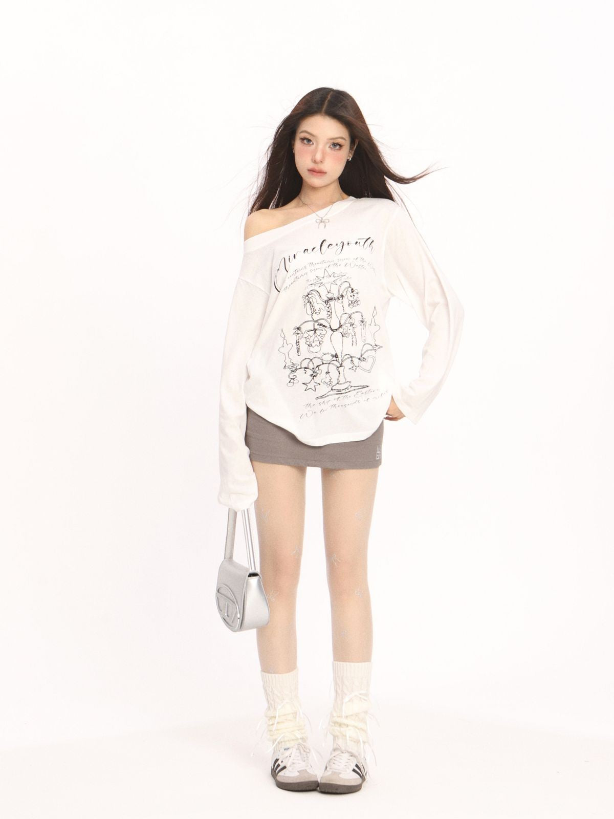 BIGGOLD STUDIO Graffiti Print Off Shoulder Tee in White - On Model #color_white
