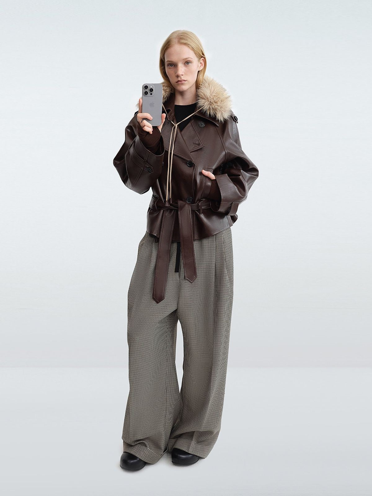 RARELY ALIKE Belted Faux Leather Jacket in Coffee - On Model