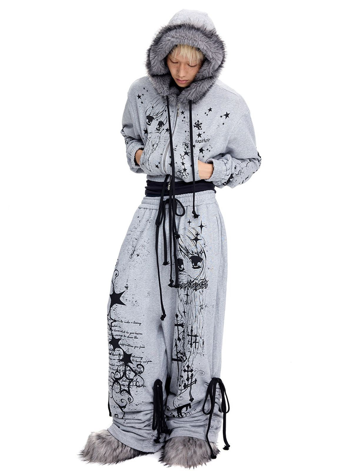 CFIERCE Angel Graffiti Stacked Sweatpants in Gray - On Model