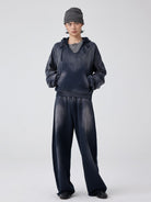 Simple Project Distressed Painted V Neck Hoodie in Navy - On Model