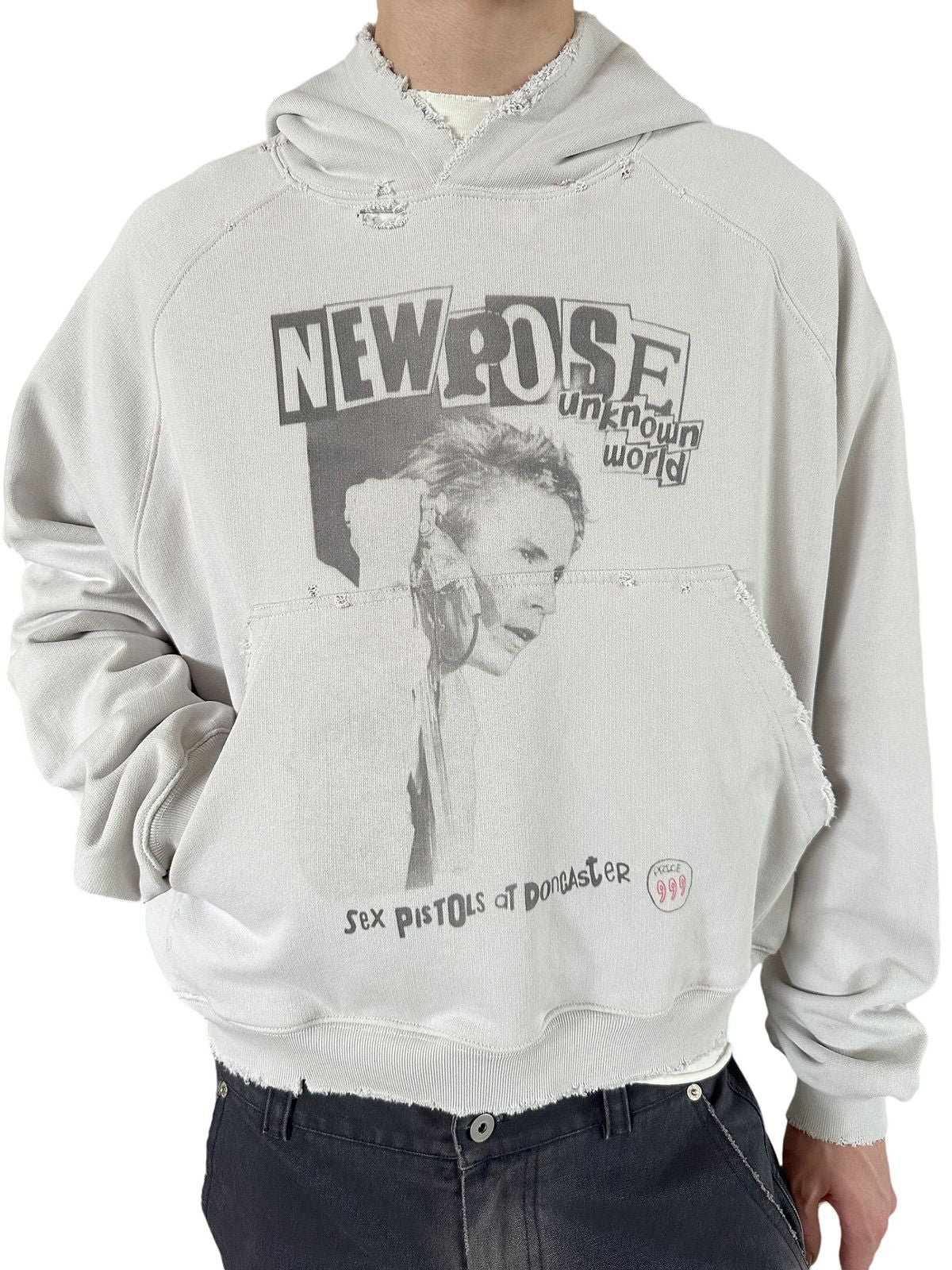 UNKNOWNWORLD Distressed Punk Print Hoodie in Gray - On Model