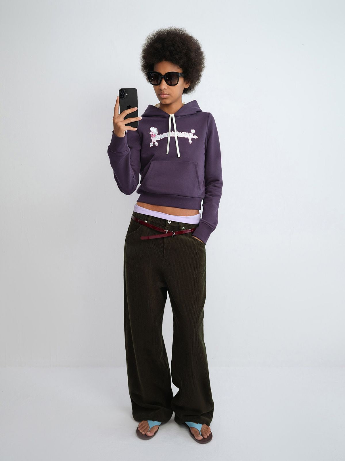 RARELY ALIKE Polka Dot Puppy Print Cropped Hoodie in Purple - On Model