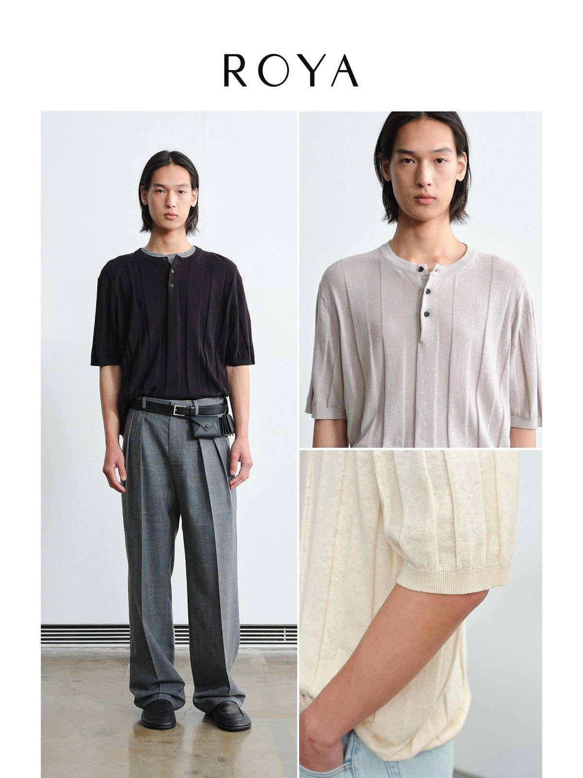 ROYA Linen Cotton Jacquard Henley in Black - On Model