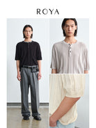 ROYA Linen Cotton Jacquard Henley in Black - On Model