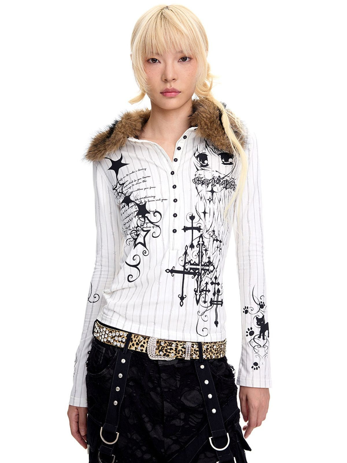 CFIERCE Fur Collar Graphic Long Sleeve Polo in White - On Model