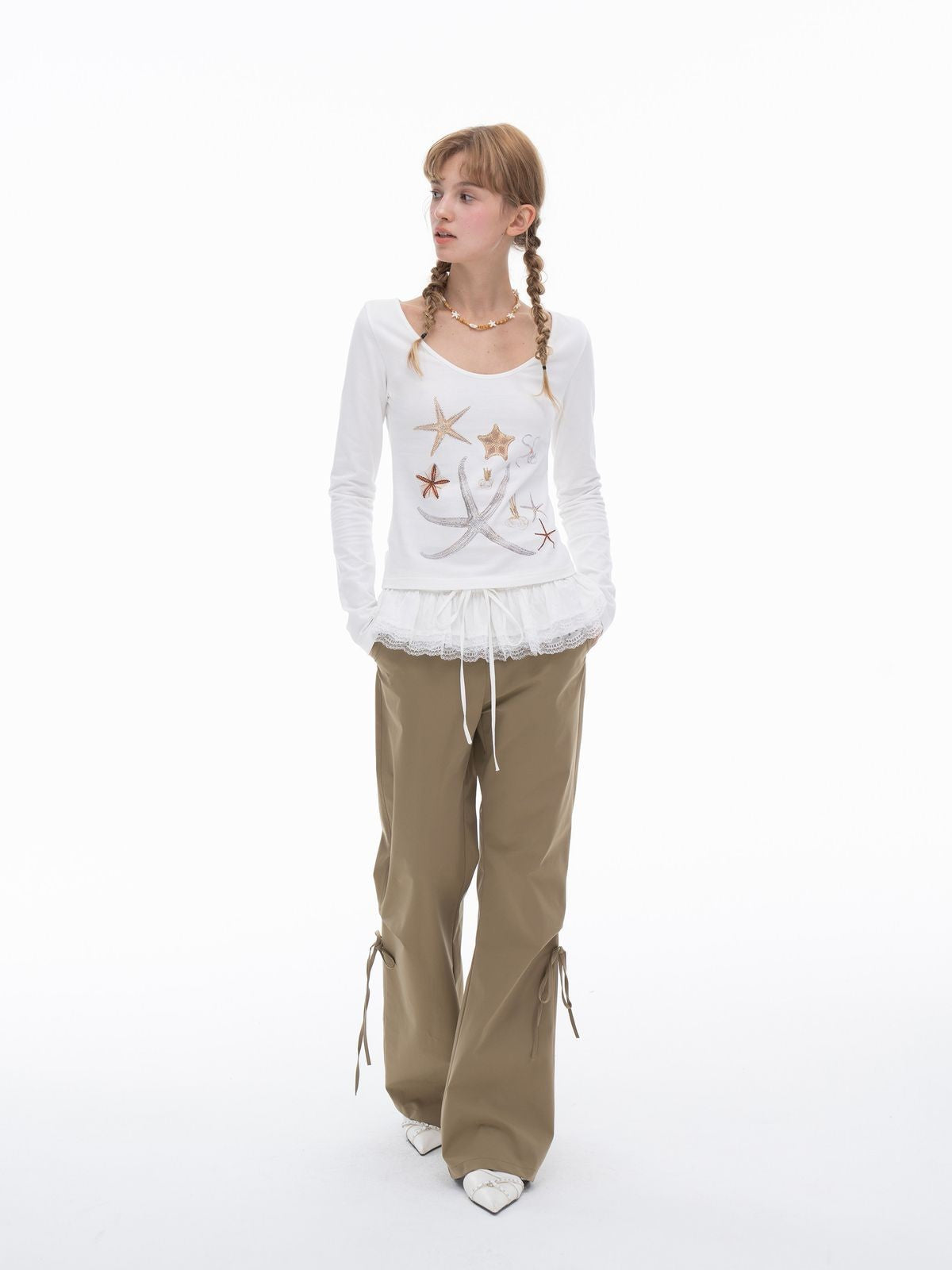 THELIGHT OFFICIAL Lace Spliced Parachute Pants in Khaki - On Model