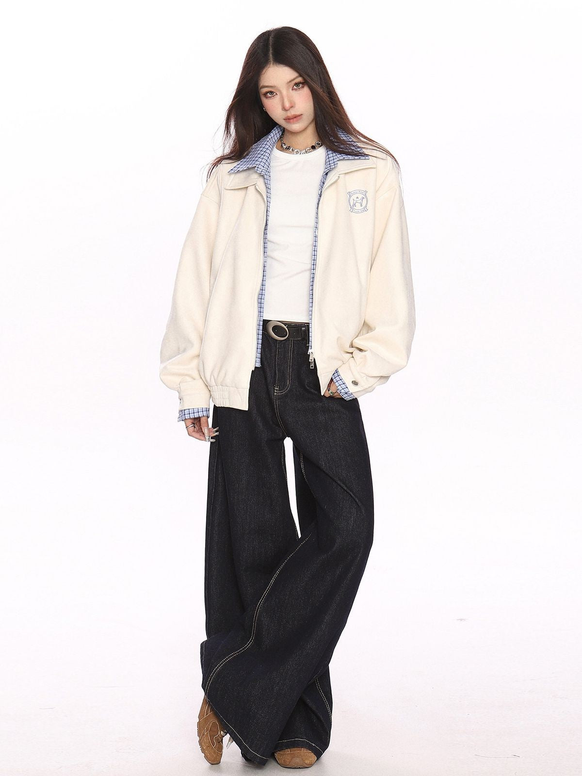 BIGGOLD STUDIO Faux Layered Plaid Collar Jacket in Cream - On Model #color_cream