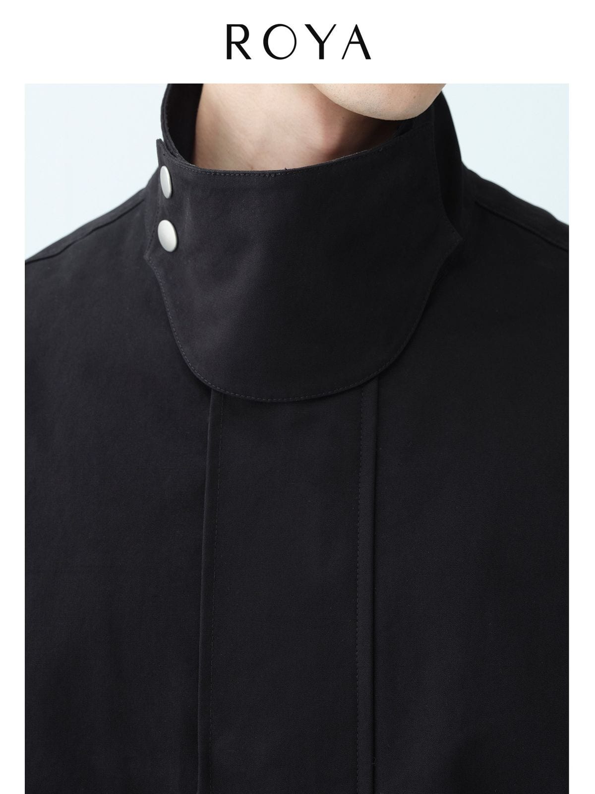 Roya Brushed Cotton Stand Collar Jacket in Black - On Model