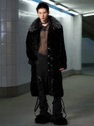 CFIERCE Belted Contrast Faux Fur Coat in Black - On Male Model