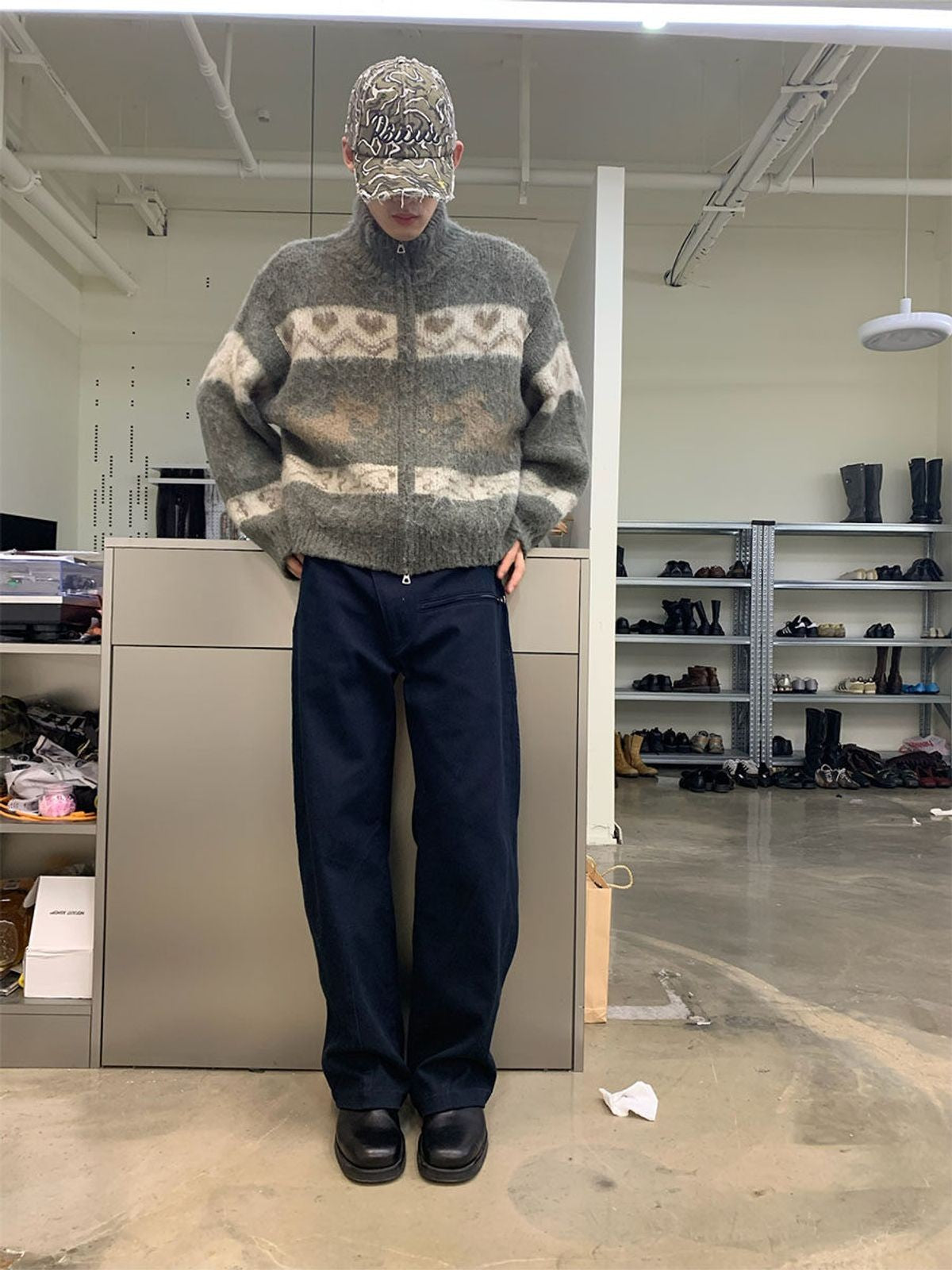 NeverSeez Fair Isle Dog Zip Up Cardigan in Gray - On Male Model