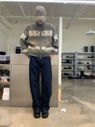 NeverSeez Fair Isle Dog Zip Up Cardigan in Gray - On Male Model