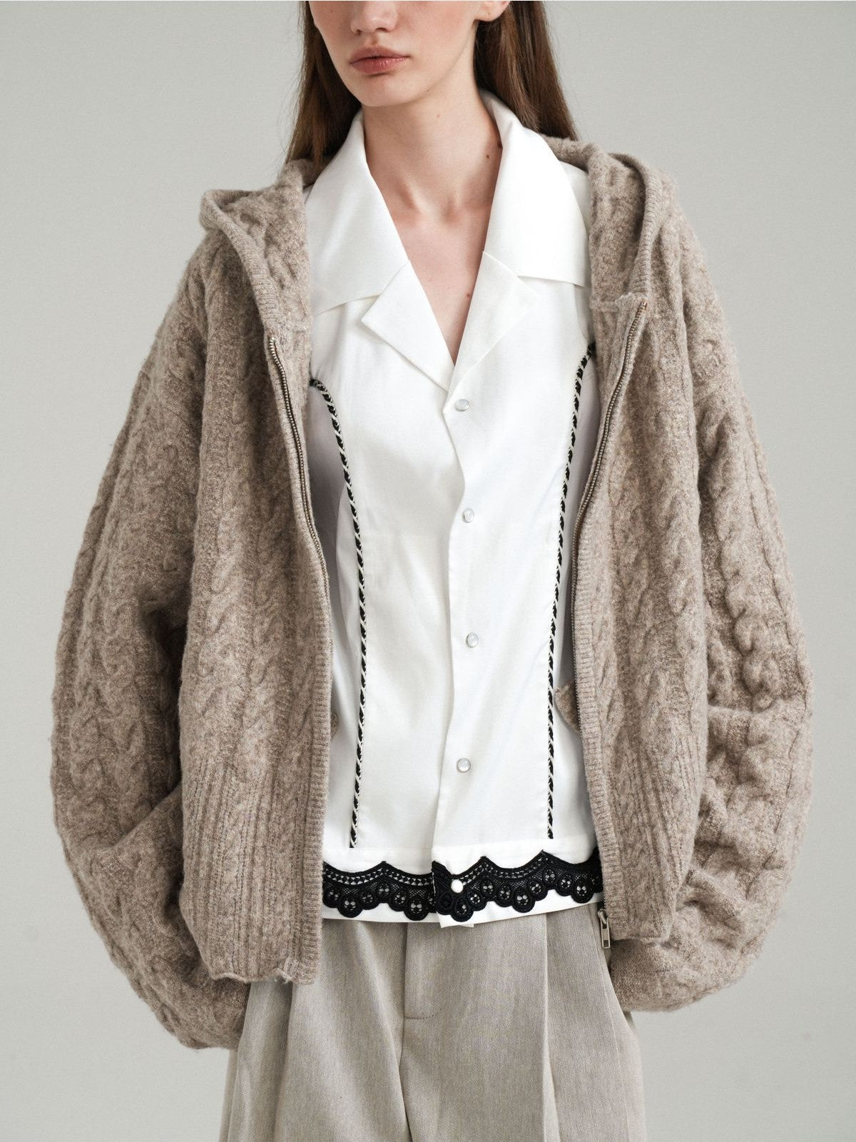 Retro 21 Cable Knit Wool Blend Zip Hoodie in Khaki - On Female Model