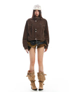 BIGGOLD STUDIO Washed Denim Biker Jacket in Brown - On Model #color_brown