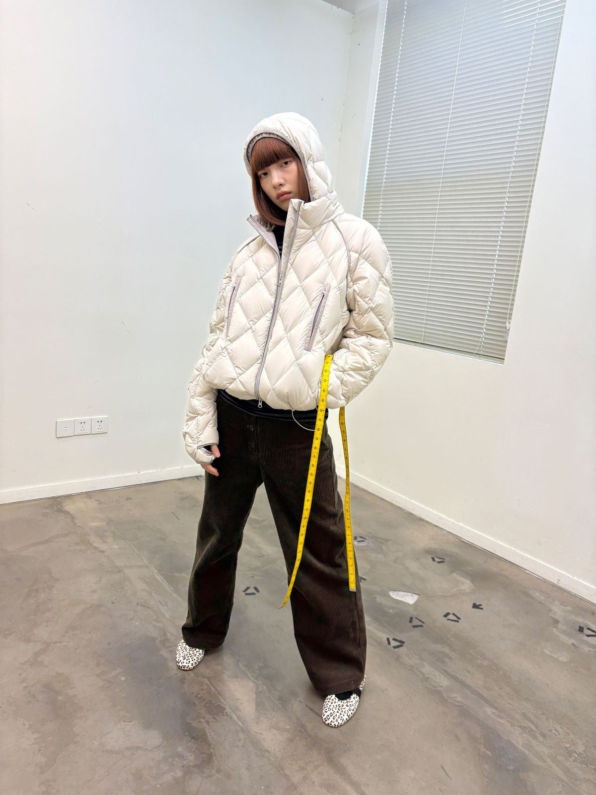 NeverSeez Diamond Quilted Down Puffer in Off-White - On Model