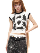 CFIERCE Black Cat Print Ringer Tee in White - On Female Model