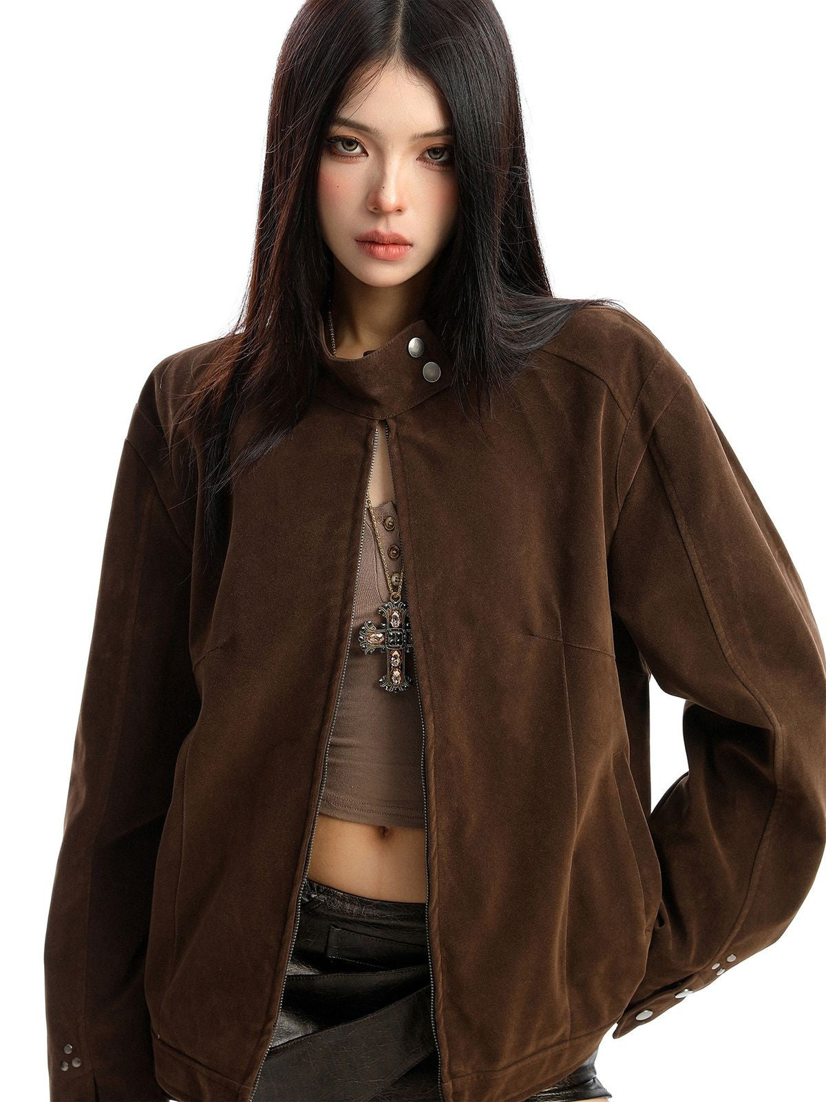 BIGGOLD STUDIO Suede Stand Collar Harrington Jacket in Brown - On Model #color_brown