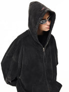 UNKNOWNWORLD Mud Dyed Zip Up Hoodie in Black - On Female Model