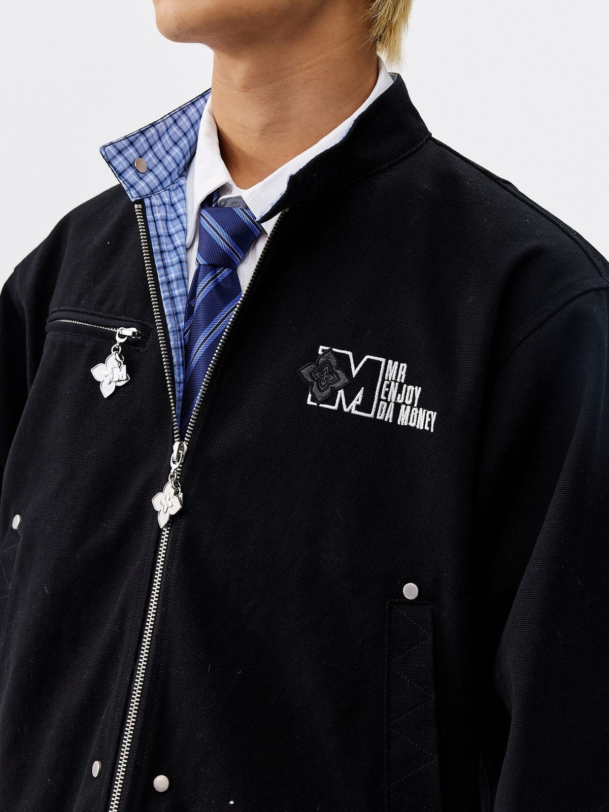 MEDM Plaid Patchwork Cotton Jacket in Black - Detail