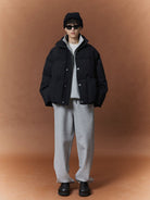 NANS Wool Touch High Neck Down Puffer in Black - On Model