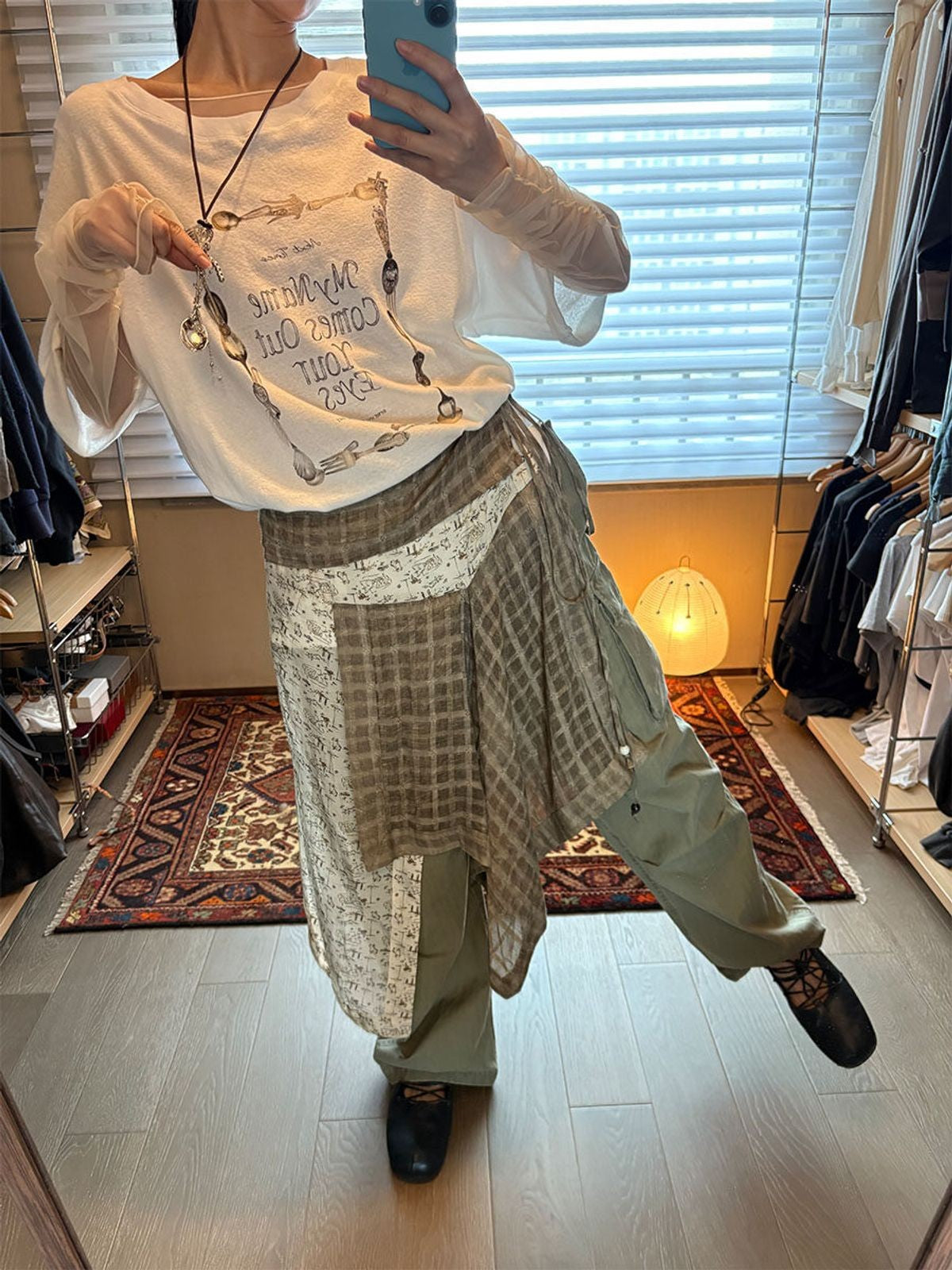 NeverSeez Spoon Frame Print T Shirt in Olive - On Model